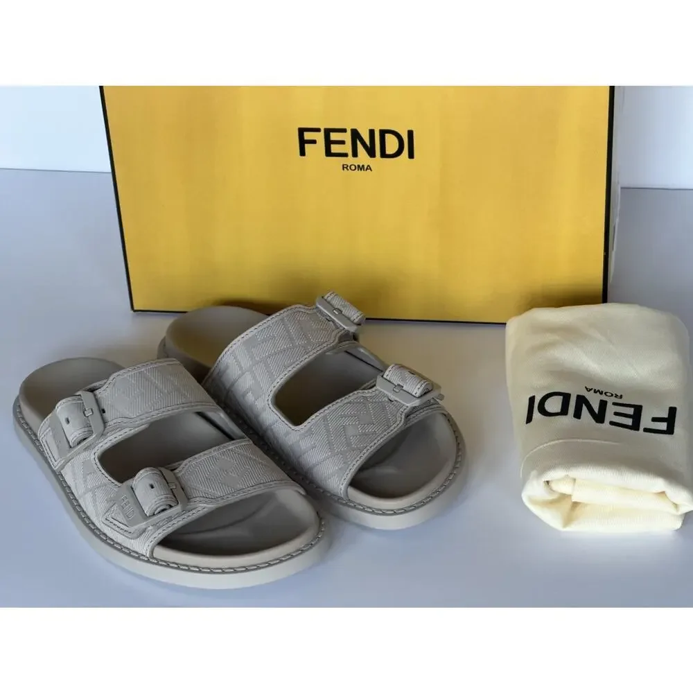 Fendi Men's FF Feel Slide Sandals Beige 8 US/7 UK IT 7X1604 NIB $1050